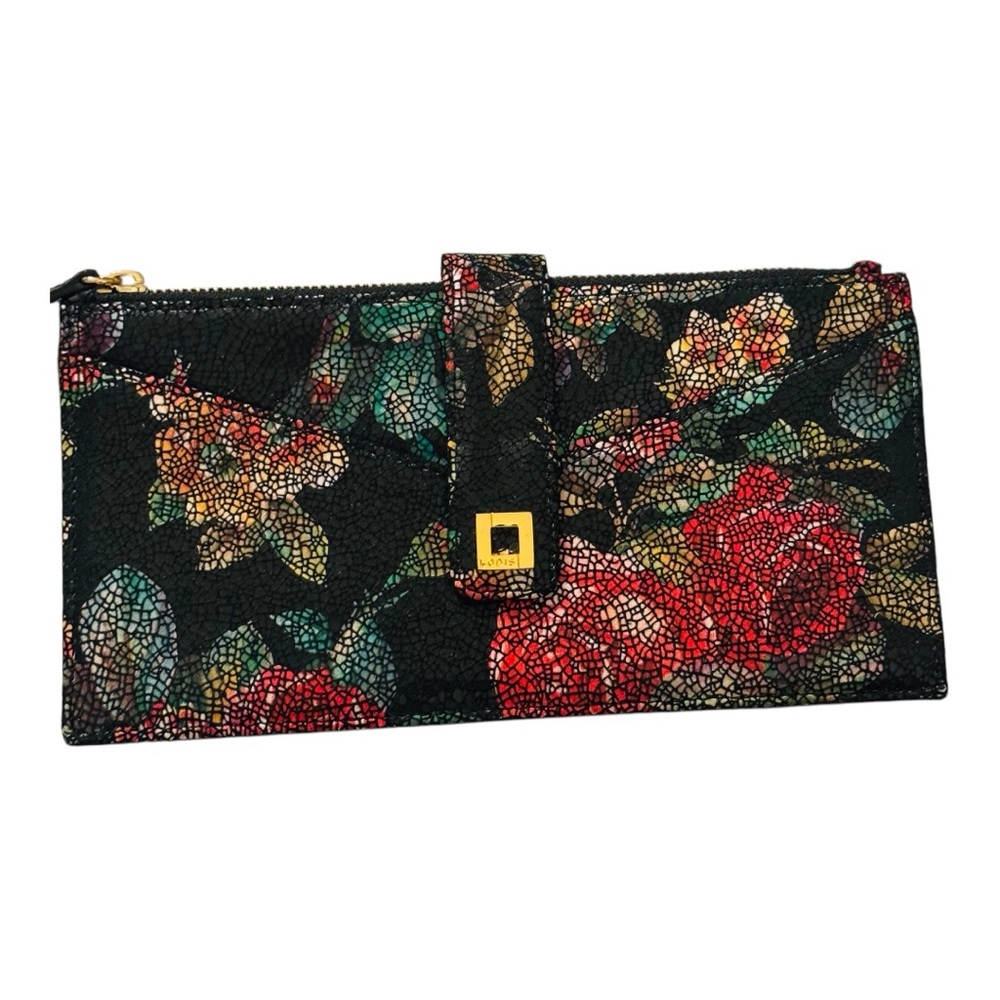 Lodi’s floral cracked leather clutch